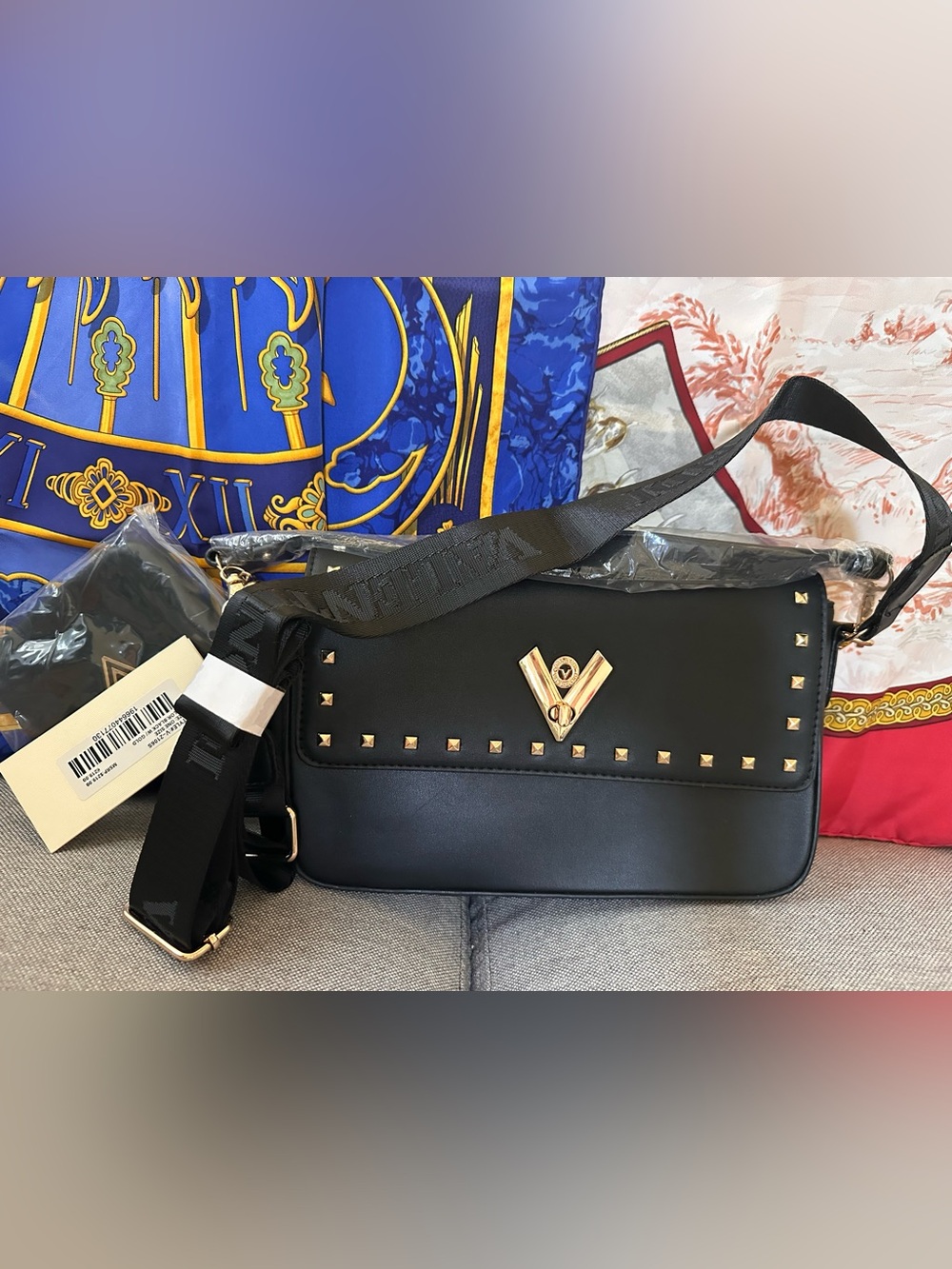 Valentino Orlandi Black Crossbody Bag with Gold-tone V Logo and Studs